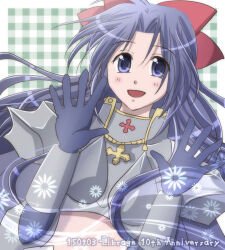 1girl armor blue_cape blue_eyes blue_gloves blue_hair blush boobplate bow breastplate cape commentary_request cross cross_necklace curtained_hair dated dated_commentary gingham_background gloves green_background hair_bow hands_up jewelry long_hair looking_at_viewer lowres necklace open_mouth paladin_(ragnarok_online) pauldrons ragnarok_online red_bow sharari shoulder_armor smile solo upper_body