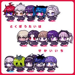 Rule 34 | 6+boys, 6+girls, amemiya darumi, aotsuki eito, black boots, black bow, black hair, black hairband, black jacket, black pants, black skirt, blonde hair, blue eyes, blue hair, blunt bangs, blush stickers, boots, border, bow, braid, brown eyes, brown hair, chibi, chibi only, closed mouth, commentary request, dark-skinned female, dark skin, double bun, earclip, everyone, eyelashes, eyeliner, eyepatch, facial mark, forehead mark, frown, ginzaki shouma, glasses, gloves, grey eyes, grey hair, hair bow, hair bun, hairband, highres, jacket, kawana tsubasa, kirifuji nozomi, last defense academy school uniform, long hair, loo upi, magadori kyoshika, makeup, maruko gaku, mask, miniskirt, mojiro moko, mole, mole under eye, mole under mouth, multicolored hair, multiple boys, multiple girls, omokage yugamu, oosuzuki kurara, open mouth, pants, pantyhose, parted bangs, pink eyes, pink hair, pleated skirt, ponytail, print eyepatch, purple eyes, purple hair, red border, red eyeliner, red eyes, red hair, roots (hair), scar, scar on face, school uniform, shizuhara hiruko, short hair, skirt, smile, star (symbol), streaked hair, sumino takumi, the hundred line -last defense academy-, translation request, tsukumo ima, tsukumo kako, tsurime, twin braids, twintails, two-tone hair, v-shaped eyebrows, walking, white background, white gloves, white hairband, white pantyhose, yakushiji takemaru