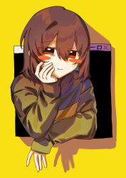 1other :t blush_stickers brown_hair chara_(undertale) choco_rabbitt closed_mouth green_sweater hair_between_eyes head_on_hand highres long_sleeves other_focus red_eyes short_hair single_horizontal_stripe solo striped_clothes striped_sweater sweater undertale window_(computing) yellow_background