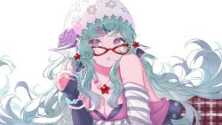 1girl aqua_hair arm_warmers breasts cleavage fake_nails finana_ryugu fingerless_gloves fins glasses gloves head_fins highres jewelry linalina_h long_hair looking_at_viewer medium_breasts necklace nijisanji nijisanji_en parted_lips purple_eyes red-framed_eyewear simple_background solo virtual_youtuber white_background