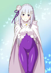 1girl bodysuit braid breasts crown_braid daikinbakuju emilia_(re:zero) flower hair_flower hair_ornament hair_ribbon highres long_hair looking_at_viewer medium_breasts pointy_ears purple_eyes re:zero_kara_hajimeru_isekai_seikatsu ribbon rose smile solo thigh_gap white_flower white_hair white_rose