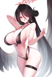 1girl arm_behind_head arm_up bikini black_choker black_hair black_wings blue_archive blush breasts cawang choker cleavage commentary_request curvy feathered_wings hair_bun hasumi_(blue_archive) hasumi_(swimsuit)_(blue_archive) highleg highleg_bikini highres large_breasts long_hair looking_at_viewer low_wings official_alternate_costume official_alternate_hairstyle open_mouth oversized_wings red_eyes side-tie_bikini_bottom simple_background single_hair_bun skindentation solo swimsuit thick_thighs thigh_strap thighs very_long_hair white_background wings