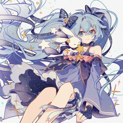 +_+ 1girl ahoge bare_legs bare_shoulders blue_bow blue_choker blue_dress blue_eyes blue_garter blue_gloves blue_hair blue_nails blue_scarf blue_sleeves bow bow_choker bow_legwear brooch choker closed_eyes closed_mouth constellation_print dated detached_sleeves dress eyelashes feet_out_of_frame fingerless_gloves frilled_dress frilled_garter frilled_thigh_strap frills gloves hair_between_eyes hair_bow hair_ornament hairclip hand_on_ground hatsune_miku highres holding holding_star jewelry layered_dress layered_sleeves long_hair long_sleeves looking_at_viewer musical_note musical_note_print nail_polish rabbit rabbit_yukine scarf short_dress short_over_long_sleeves short_sleeves simple_background sitting smile snowflake_hair_ornament solo sparkle star_(symbol) star_brooch star_hair_ornament starry_sky_print striped_bow striped_choker thigh_strap twintails twitter_username two-sided_dress two-sided_fabric very_long_hair vocaloid white_background wide_sleeves yuki_miku yuki_miku_(2017) z6