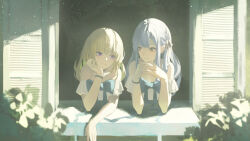 Rule 34 | 2girls, airool, alternate hair length, alternate hairstyle, arm rest, bang dream!, bang dream! it&#039;s mygo!!!!!, bare shoulders, black ribbon, blonde hair, blue bow, blue bowtie, blue hair, bow, bowtie, bracelet, brown eyes, chinese commentary, closed mouth, collarbone, commentary request, day, elbow rest, eyeshadow, eyeshadow under eye, frilled shirt, frills, from outside, hand on own chin, head rest, highres, interlocked fingers, jewelry, leaning out of window, long hair, long ribbon, looking at another, makeup, misumi uika, multiple girls, off-shoulder shirt, off shoulder, open window, open window shutter, own hands together, purple eyes, ribbon, ribbon hair, shadow, shirt, short sleeves, side-by-side, sidelighting, smile, sunlight, togawa sakiko, white shirt, window, windowsill