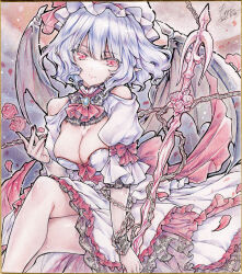 1girl absurdres alternate_costume ascot bat_wings blue_hair bow breasts brooch chain cleavage closed_mouth commentary_request crossed_legs dated dress falling_petals flower frilled_dress frills hat hat_ribbon highres jewelry large_breasts looking_at_viewer medium_hair mob_cap monety petals pointy_ears red_ascot red_bow red_eyes red_flower red_petals red_ribbon red_rose remilia_scarlet ribbon rose shikishi signature sleeve_bow smile solo touhou traditional_media white_dress wings