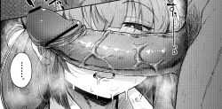 Rule 34 | ..., 1boy, 1girl, bar censor, blush, bright pupils, censored, flanvia, greyscale, hetero, highres, imminent fellatio, kawashiro nitori, male pubic hair, monochrome, one eye covered, open mouth, penis, penis awe, penis on face, penis over one eye, pubic hair, spoken ellipsis, touhou, twintails, veins, veiny penis, white pupils