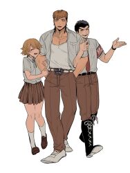 3boys arm_hug armband belt black_belt black_footwear black_hair boy_and_girl_sandwich brown_footwear brown_hair brown_pants brown_skirt danganronpa:_trigger_happy_havoc danganronpa_(series) fujisaki_chihiro highres ishimaru_kiyotaka male_focus miniskirt multicolored_hair multiple_boys neck_ribbon open_clothes open_shirt owada_mondo pants pleated_skirt pompadour red_armband red_eyes ribbon sandwiched shirt short_hair short_sleeves simple_background skirt smile trap two-tone_hair wanijima white_belt white_shirt