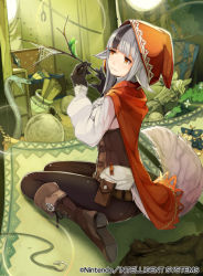 1girl animal_ears bad_id bad_tumblr_id black_hair boots cloak corset fire_emblem fire_emblem_cipher fire_emblem_fates frills grey_hair junk kurosawa_tetsu multicolored_hair nintendo official_art outdoors pants red_cloak red_eyes red_hood silk spider_web stick tail tight_clothes tight_pants two-tone_hair velouria_(fire_emblem) wolf_ears wolf_tail