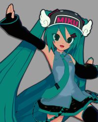 1girl 3d :d absurdres animasa_model_(mikumikudance) aqua_eyes aqua_hair aqua_nails aqua_necktie black_boots black_skirt boots commentary cowboy_shot detached_sleeves english_commentary fang grey_background grey_shirt hair_ornament hairclip hat hatsune_miku highres kio_(majin_kz) leg_up long_hair mikumikudance_(medium) miniskirt necktie open_mouth outstretched_arms pleated_skirt shirt simple_background skin_fang skirt sleeveless sleeveless_shirt smile solo thigh_boots twintails very_long_hair vocaloid winged_hat