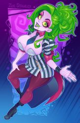1girl ankle_boots beetlejuice beetlejuice_(character) black_necktie black_pantyhose bleedingpervert boots bracelet breasts coattails collared_shirt english_text eyelashes fingernails formal_clothes full_body genderswap genderswap_(mtf) green_eyes green_hair high_heel_boots high_heels holding huge_breasts jewelry lace-up_boots legs lipstick long_hair long_sleeves makeup miniskirt nail_polish necktie open_mouth pantyhose pencil_skirt ring shirt side_slit skirt skirt_suit smile solo striped_clothes striped_shirt striped_skirt suit vertical-striped_clothes vertical-striped_skirt wavy_hair