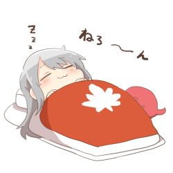 1girl :3 chibi closed_eyes closed_mouth futon higuchi_kaede lowres nijisanji pillow rebecca_(keinelove) simple_background sleeping solo translation_request under_covers virtual_youtuber white_background zzz