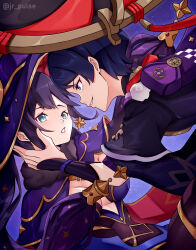 Rule 34 | 1boy, 1girl, absurdres, aqua eyes, armor, black hair, black hat, black pantyhose, black sleeves, blunt bangs, blunt ends, bodystocking, breasts, cleavage, covered navel, earrings, eyeliner, eyeshadow, fatui logo, furisode, genshin impact, gold, gold trim, hand on another&#039;s face, hat, highres, japanese armor, japanese clothes, jewelry, jingasa, jrpulse, juban, kimono, kote, kurokote, leotard, light blush, long hair, looking at another, makeup, medium breasts, mitsudomoe (shape), mona (genshin impact), multicolored hair, open hand, pantyhose, pink lips, pom pom (clothes), ponytail holder, purple background, purple bag, purple eyes, purple hair, purple hat, purple leotard, red eyeliner, red eyeshadow, red hat, red kimono, scaramouche (genshin impact), short sleeves, sidelocks, sideways mouth, smile, star (symbol), star earrings, star print, streaked hair, swept bangs, thighlet, tomoe (symbol), tsurime, twintails, twitter username, two-sided fabric, two-sided headwear, two-tone hat, white kimono, white mouth, white trim