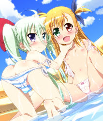 10s 2girls ahoge ass barefoot bikini bikini_pull blonde_hair blue_eyes blush bow bow_panties breasts clothes_pull cloud day einhard_stratos feet flat_chest green_eyes green_hair hair_bow heterochromia legs loli long_hair looking_back lyrical_nanoha mahou_shoujo_lyrical_nanoha_vivid miyajima_hitoshi multiple_girls navel nipples open_mouth outdoors panties pool purple_eyes red_eyes side-tie_bikini_bottom sideboob sky smile soles strap_slip striped_bikini striped_clothes swimsuit toes topfreedom topless_female twintails underwear very_long_hair vivio water wet white_panties yuri