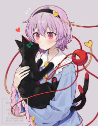 Rule 34 | 1girl, animal, black cat, black hairband, blue shirt, blush, bow, cat, collared shirt, commentary, ctd 114, frilled shirt collar, frilled sleeves, frills, green bow, hair ornament, hairband, heart, heart hair ornament, highres, holding, holding animal, holding cat, kaenbyou rin, kaenbyou rin (cat), komeiji satori, long sleeves, multiple tails, pink hair, red eyes, ribbon-trimmed collar, ribbon trim, shirt, short hair, solo, tail, third eye, touhou, two tails, underwear, watermark, white shirt