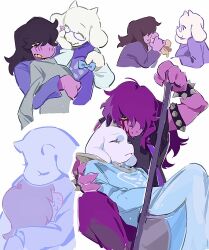 2girls ^_^ armlet blood blood_from_forehead blood_on_face blue_robe blush bracelet closed_eyes colored_skin deltarune furry furry_female goat_girl goat_horns highres horns hug jewelry leseduo looking_at_viewer lying lying_on_lap multiple_girls multiple_views on_back pink_skin purple_hair robe simple_background spiked_armlet spiked_bracelet spikes susie_(deltarune) toriel white_background white_skin