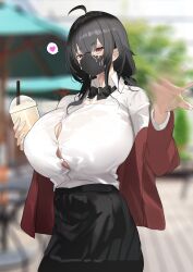 1girl ahoge aji_(sakanaaj1) azur_lane black_bow black_bowtie black_mask black_skirt blurry blurry_background bow bowtie breasts bursting_breasts cleavage collared_shirt drinking_straw dripping glasses heart highres holding huge_breasts jacket mask motion_blur mouth_mask open_clothes open_jacket red_eyes red_jacket shirt shirt_tucked_in skirt solo spoken_heart suggestive_fluid taihou_(azur_lane) taihou_(sweet_time_after_school)_(azur_lane) white_shirt