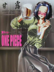 00s 1girl 2005 alcohol bandana bar_(place) beer blue_hair blush breasts cleavage copyright_name cup drunk east_blue closed_eyes female_focus green_shirt large_breasts long_skirt lowres makino_(one_piece) mug one_piece open_collar plaid_bandanna shirt skirt solo standing