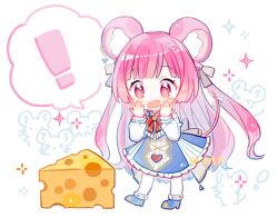 Rule 34 | !, + +, 1girl, \||/, animal background, animal ears, back ribbon, blue dress, blue shoes, blunt bangs, bow, bowtie, cheese, chestnut mouth, chibi, chibi only, chinese commentary, cohana, commentary, connect hearts message (project sekai), dress, food, frilled dress, frilled sleeves, frills, full body, grey ribbon, hair ribbon, hands on own cheeks, hands on own face, hands up, heart, heart print, light blush, long hair, long sleeves, looking at food, mouse (animal), mouse ears, mouse girl, mouse tail, multicolored dress, official alternate costume, official alternate hair length, official alternate hairstyle, ootori emu, pantyhose, pink hair, pleated dress, project sekai, red bow, red bowtie, ribbon, shoes, solo, sparkle, spoken exclamation mark, standing, tail, tail ornament, tail ribbon, very long hair, white background, white dress, white pantyhose