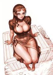 1girl bare_legs barefoot black_hair blue_eyes box breasts cleavage closed_mouth eyewear_on_head feet foreshortening from_above hair_slicked_back highres jacket large_breasts looking_to_the_side midriff monochrome nico_robin one_piece perspective pink_sarong redteneri sarong sidelocks sitting smile solo sunglasses white_background wide_hips