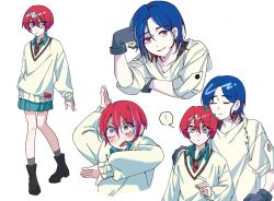 1boy 1girl ? amate_yuzuriha aqua_eyes aqua_skirt blue_hair blush closed_eyes closed_mouth collared_shirt colored_inner_hair commentary_request fish_1110 gloves grey_gloves gundam gundam_gquuuuuux hair_between_eyes highres korean_commentary long_sleeves looking_to_the_side lower_eyelashes_only mixed-language_commentary multicolored_hair multiple_views necktie open_mouth red_eyes red_hair scene_reference school_uniform shirt shoes short_hair shuji_ito simple_background skirt smile speech_bubble spoken_question_mark sweater two-tone_hair white_background white_shirt