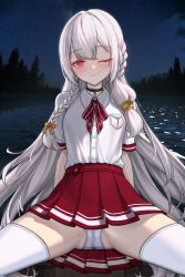 1girl absurdres black_choker braid choker commission forest highres long_hair nature neck_ribbon night night_sky one_eye_closed original outdoors panties pink_eyes pleated_skirt red_ribbon red_skirt ribbon shirt short_sleeves skirt sky solo thighhighs tree underwear very_long_hair water white_hair white_panties white_shirt white_thighhighs yeonrizee