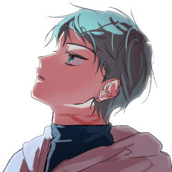 Rule 34 | 1boy, alien stage, black shirt, earrings, green eyes, grey hair, highres, jewelry, kyon (zmwh8222), looking up, male focus, parted lips, portrait, scar, scar on neck, shirt, short hair, simple background, solo, till (alien stage), turtleneck, turtleneck shirt, very short hair, white background