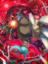 1boy black_pants breath_weapon breathing_fire brendan_(pokemon) claws commentary dragon dragon_wings fire flying foreshortening from_above gen_3_pokemon green_bag green_shoes groudon hashtag-only_commentary hat highres incoming_attack kota_2kx legendary_pokemon motion_lines nintendo open_mouth outdoors pants pokemon pokemon_(creature) red_shirt red_sky red_theme salamence scales sharp_teeth shirt shoes size_difference sky spikes tail teeth white_hat wings yellow_eyes