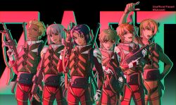 Rule 34 | 6+boys, artist name, athrun zala, bandolier, belt, belt pouch, blonde hair, blue eyes, blue hair, dearka elsman, explosive, green hair, grenade, grey hair, gun, gundam, gundam seed, highres, holding, holding gun, holding weapon, holster, looking at viewer, lukaaa, machine gun, mecha pilot suit, miguel aiman, multiple boys, nicol amafli, one eye closed, orange hair, pointing, pouch, purple eyes, rusty mackenzie, short hair, twitter username, watermark, weapon, yzak joule