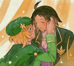 Rule 34 | 1boy, 1girl, ahoge, bianca (champion) (pokemon), bianca (pokemon), blonde hair, cheren (champion) (pokemon), cheren (pokemon), closed eyes, closed mouth, glasses, green hat, green jacket, hand up, hat, jacket, long sleeves, looking at another, miiyokoe, nintendo, official alternate costume, pokemon, pokemon masters ex, purple vest, semi-rimless eyewear, shirt, smile, tie clip, vest