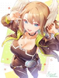 Rule 34 | 1girl, black bodysuit, black choker, black jacket, blue eyes, blush, bodysuit, breast tattoo, breasts, brown hair, choker, cleavage, eunie (xenoblade), feathered wings, green hoodie, head wings, highres, hood, hoodie, jacket, large breasts, long hair, looking at viewer, medium hair, open clothes, open mouth, smile, solo, tattoo, teeth, ui frara, white wings, wings, xenoblade chronicles (series), xenoblade chronicles 3