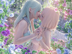 2girls 3d clock flower garden green_hair highres kiss long_hair maid multiple_girls nekotamamofu original pink_hair pink_theme scenery school_uniform short_hair spring_(season) yuri