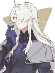 1boy ahoge armor black_armor chickenuma_0 commentary_request fate/requiem fate_(series) finger_heart galahad_(fate) galahad_alter_(fate) gloves hair_over_one_eye heart highres knight long_hair looking_at_viewer male_focus one_eye_covered purple_gloves simple_background smile solo twitter_username white_hair