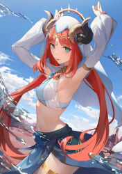 1girl :p absurdres aoba_ao armpits arms_up black_horns blue_brooch blue_skirt blue_sky breasts brooch commentary cowboy_shot crop_top detached_sleeves fake_horns from_side genshin_impact green_eyes harem_outfit highres horns jewelry long_hair looking_at_viewer low_twintails medium_breasts midriff nilou_(genshin_impact) puffy_detached_sleeves puffy_sleeves red_hair skirt sky solo thighlet tongue tongue_out twintails veil water white_sleeves white_veil
