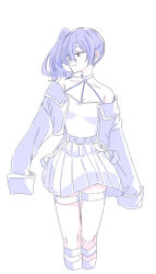 absurdres belt_buckle blue_theme breasts buckle collarbone cropped_legs dress hair_between_eyes highres jacket looking_to_the_side monochrome off_shoulder open_clothes open_jacket pleated_dress red_eyes seila_rei side_ponytail simple_background small_breasts socks sousou_no_frieren thigh_strap ubel_(sousou_no_frieren) white_background