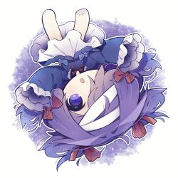 Rule 34 | 1girl, :o, absurdres, bandaged head, bandages, barefoot, blue shirt, borrowed character, chibi, chibi only, commentary request, frilled sleeves, frills, full body, grid background, hair over one eye, highres, long hair, long sleeves, looking at viewer, lying, misosiru 0224, on back, open mouth, original, purple background, purple eyes, purple hair, shirt, skirt, sleeves past fingers, sleeves past wrists, solo, white skirt, wide sleeves