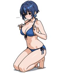 ... 1girl barefoot becauseimajinx bikini blue_bikini blue_hair breasts cleavage collarbone commentary front-tie_top full_body halterneck highres kneeling navel original short_hair side-tie_bikini_bottom simple_background solo swimsuit symbol-only_commentary white_background