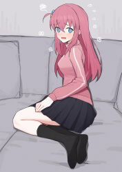 1girl @_@ absurdres black_skirt black_socks blue_eyes bocchi_the_rock! embarrassed flying_sweatdrops full_body gotoh_hitori highres lan_mao_akko long_hair long_sleeves no_shoes one_side_up open_mouth pink_hair pink_sweater sitting skirt socks solo sweater