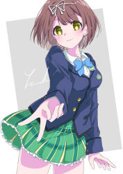 Rule 34 | 1girl, artist request, battle girl high school, blue bow, blue bowtie, blue jacket, bowtie, brown hair, buttons, character request, closed mouth, collared shirt, green skirt, grey background, jacket, looking at viewer, shirt, short hair, signature, skirt, smile, standing, v, white background, white shirt, yellow eyes