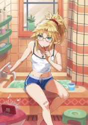 1girl bar_soap bath_stool bathtub bespectacled blonde_hair braid breasts brushing_teeth dolphin_shorts fate/apocrypha fate_(series) glasses green_eyes hair_ornament hair_scrunchie half_up_braid highres jewelry long_hair looking_at_viewer midriff mordred_(fate) mordred_(fate/apocrypha) mordred_(memories_at_trifas)_(fate) navel necklace parted_bangs pendant ponytail revision scrunchie shampoo_bottle shorts sidelocks sitting small_breasts solo stool tonee toothbrush toothbrush_in_mouth
