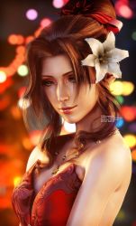 1girl 3d aerith_gainsborough artist_name bare_shoulders breasts brown_hair dress final_fantasy final_fantasy_vii final_fantasy_vii_remake flower green_eyes hair_bun hair_flower hair_ornament hair_ribbon highres jewelry lily_(flower) lipstick looking_down makeup medium_breasts necklace parted_bangs red_dress red_ribbon ria-neearts ribbon sidelocks single_hair_bun solo square_enix strapless strapless_dress upper_body wall_market wavy_hair white_flower
