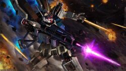 absurdres assault_visor asteroid battle beam_rifle copyright_logo debris energy_beam energy_gun explosion firing gundam gundam_battle_operation_2 gundam_ez8_high_mobility_custom highres machinery mecha mecha_focus mobile_suit no_humans painting_(medium) radio_antenna realistic robot scan science_fiction sd_gundam_g-generation space sunrise_(company) tenjin_hidetaka thrusters traditional_media vernier_thrusters weapon