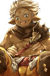 1boy abs armor bara commentary_request dark-skinned_male dark_skin granblue_fantasy iha_tobu male_focus muscular muscular_male navel nipples open_mouth pants pauldrons pectorals pointy_ears shoulder_armor single_pauldron skull_(granblue_fantasy) spiked_pauldrons sweatdrop tongue tongue_out white_background yellow_pants
