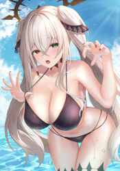 1girl armpits bare_arms bare_shoulders bent_over bikini bikini_pull black_bikini black_choker breasts choker cleavage clothes_pull cowboy_shot day gluteal_fold green_eyes green_nails halo halterneck hands_up heterochromia highres large_breasts leaning_forward long_hair looking_at_viewer mole mole_on_breast mole_under_eye multi-strapped_bikini_bottom nail_polish navel open_mouth original outdoors pulling_own_clothes raurashun red_eyes red_nails solo standing stomach strap_pull string_bikini swimsuit thigh_gap thigh_strap thighs tongue tongue_out twintails very_long_hair wading water wet white_hair
