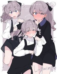 1girl absurdres black_dress black_ribbon blush character_name dress feet_out_of_frame full-face_blush hair_ribbon half-closed_eyes hand_up hashtag-only_commentary highres lapwing_(vrchat) laughing long_hair multiple_expressions multiple_views open_mouth ponytail purple_eyes purple_hair ribbon shirt smile smirk surprised two-tone_background uruti_2388 vrchat wavy_mouth white_background white_shirt wide-eyed