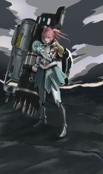 Rule 34 | 0ota, 1girl, absurdres, arm cannon, armor, bare shoulders, blue eyes, choker, command &amp; conquer, command &amp; conquer: red alert, command &amp; conquer: red alert 2, dog tags, exoskeleton, full body, gauntlets, greaves, grey sky, highres, huge weapon, knee guards, lips, looking at viewer, low-cut dress, mental omega (mod), midriff, multi-tied hair, nose, pink hair, power armor, radiation symbol, red star, sabaton, skirt, sky, solo, standing, star (symbol), tank top, vambraces, weapon, yunru (mental omega)
