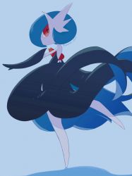 1girl alternate_color artist_name bare_shoulders black_dress black_gloves blue_background blue_hair bob_cut closed_mouth colored_skin dot_mouth dress elbow_gloves female_focus flat_chest from_behind gardevoir gen_3_pokemon gloves highres leg_up lemonade_kokoi looking_back mega_gardevoir mega_pokemon nintendo no_feet pokemon pokemon_(creature) red_eyes shiny_pokemon short_hair signature simple_background solo standing standing_on_one_leg strapless strapless_dress twitter_username white_skin