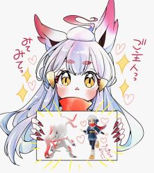 1girl akari_(pokemon) akari_(pokemon)_(cosplay) animal_ears black_hair blush claws closed_mouth cocoa_s3 colored_sclera cosplay eyelashes furry galaxy_expedition_team_survey_corps_uniform grey_eyes hat headscarf highres hisuian_zoroark hisuian_zoroark_(cosplay) holding jacket long_hair looking_at_viewer multicolored_hair nail_polish nintendo pantyhose pokemon pokemon_(creature) pokemon_legends:_arceus ponytail red_hair red_scarf sash scarf shirt sidelocks simple_background smile solo two-tone_fur two-tone_hair white_fur white_hair white_headscarf yellow_eyes yellow_sclera