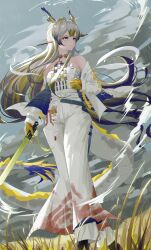 1girl absurdres arknights bare_shoulders bb._ex bead_necklace beads breasts closed_mouth dragon_girl dragon_horns dragon_tail earrings eastern_dragon_horns eastern_dragon_tail green_eyes hair_between_eyes highres holding holding_sword holding_weapon horns jewelry long_hair long_sleeves medium_breasts necklace pointy_ears rain shirt shu_(arknights) solo strapless strapless_shirt sword tail tassel tassel_earrings tube_top weapon white_hair white_tube_top