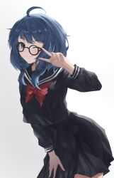 1girl absurdres achun ahoge black_sailor_collar black_serafuku black_shirt black_skirt blue_hair bow bowtie glasses gradient_background grey_background highres leaning_forward long_hair looking_at_viewer make_heroine_ga_oo_sugiru! medium_hair official_alternate_costume one_eye_closed red_bow red_bowtie round_eyewear sailor_collar school_uniform serafuku shirt skirt solo v v_over_eye yanami_anna