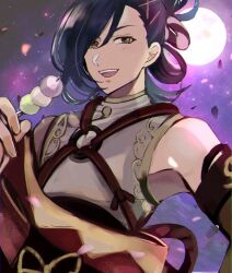 1boy blue_hair dango dark_blue_hair dg9jrwdo35wlebz falling_petals fire_emblem fire_emblem_engage folded_ponytail food full_moon highres holding holding_skewer japanese_clothes kagetsu_(fire_emblem) moon night night_sky nintendo open_mouth petals skewer sky solo wagashi yellow_eyes